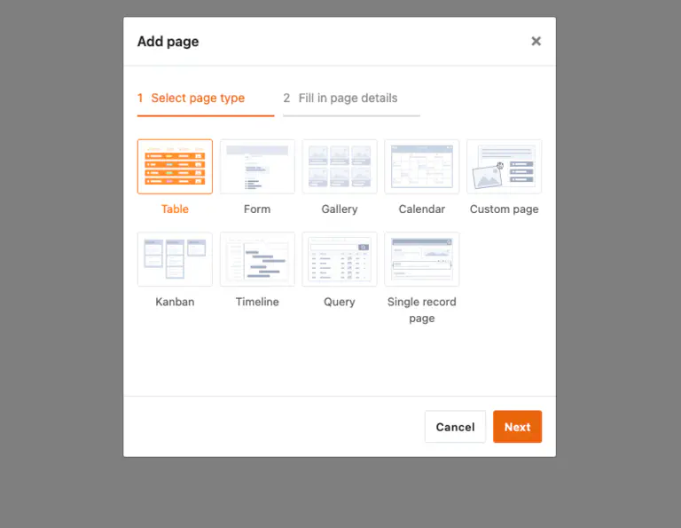 Screenshot: selection of the page type in SeaTable