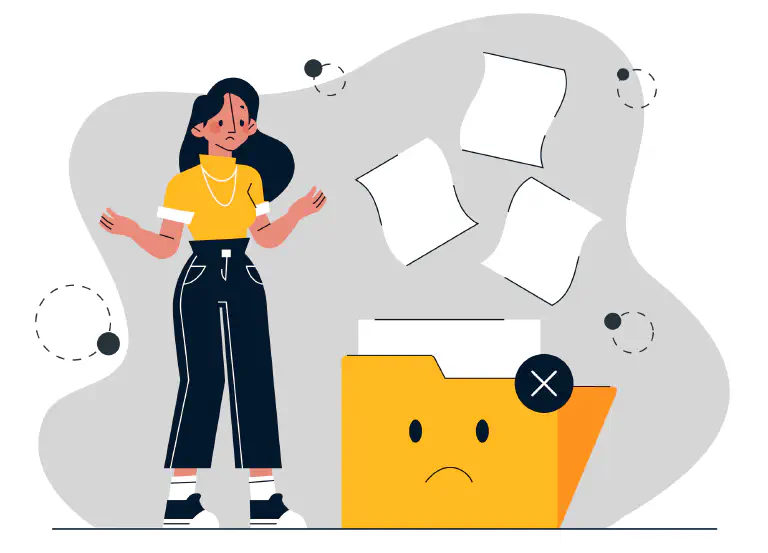 A woman stands in front of a file and is overwhelmed with the reimbursement of expenses