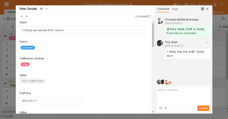 Team communication in SeaTable