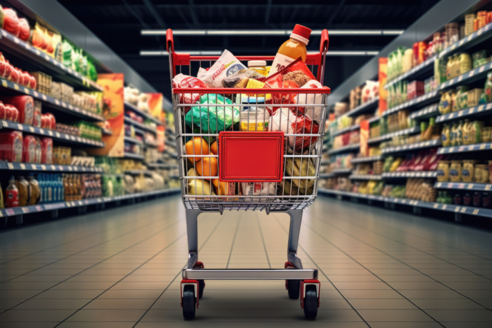 Full shopping cart in a supermarket.