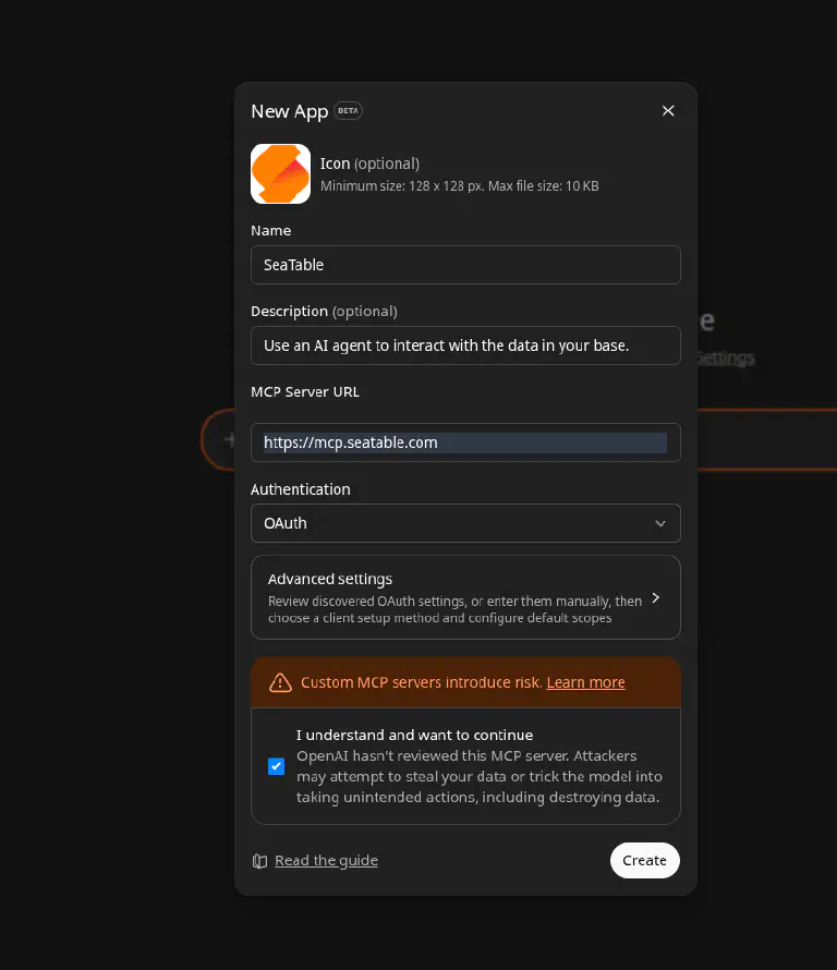Konfiguration der neuen App mit MCP Server URL und OAuth-Authentifizierung