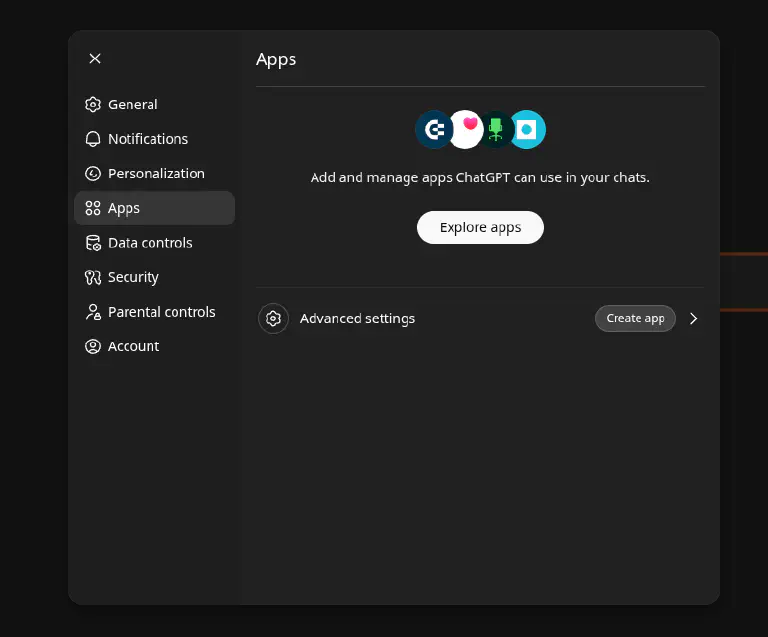 Apps-Einstellungen in ChatGPT mit der Option zum Anlegen einer Custom App