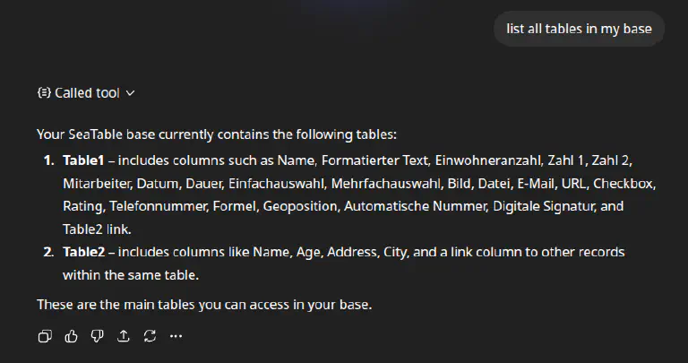 ChatGPT listet die Tabellen einer SeaTable-Base auf