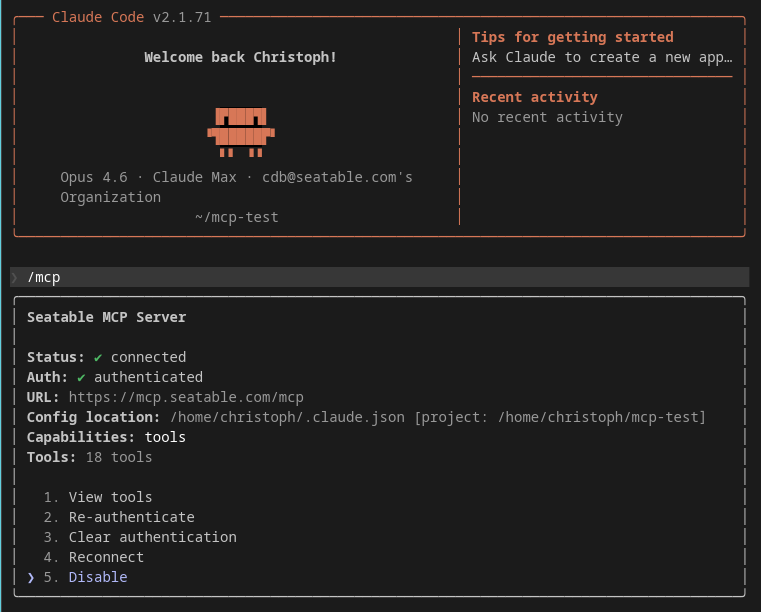 Erfolgreiche Verbindung zum SeaTable MCP Server in Claude Code