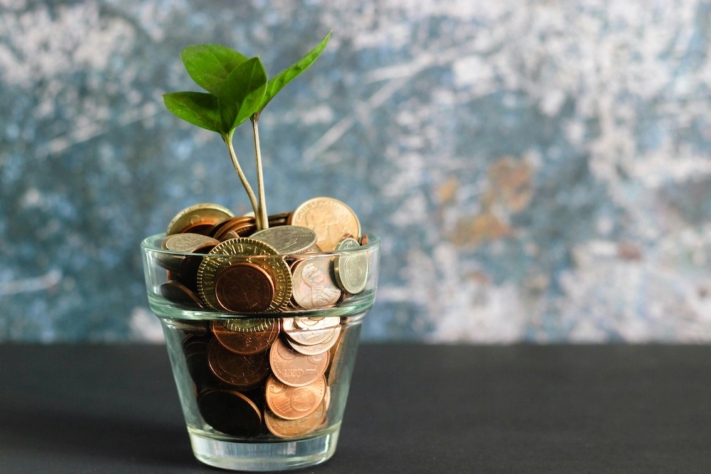 Jarra con monedas, de la que crece una pequeña planta