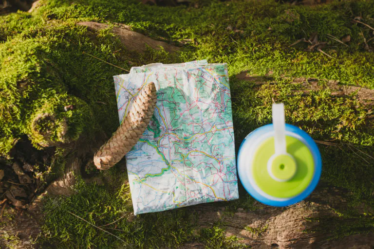 Mapa en el suelo del bosque para planificar una ruta de geocaching