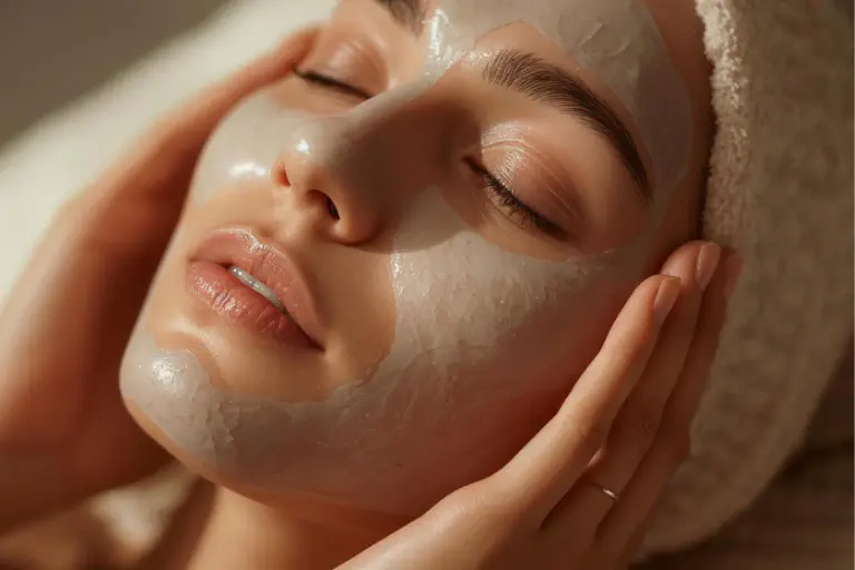 Mulher com máscara facial e toalha