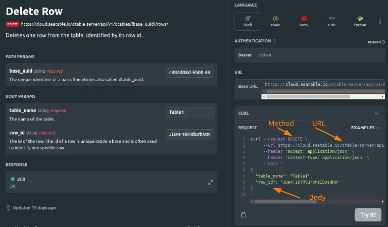 Ejemplo de solicitud API en la documentación API de SeaTable