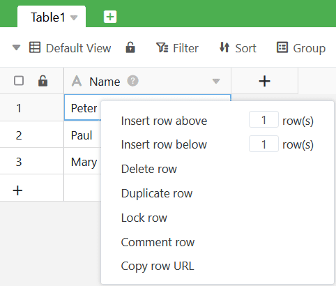 rows insert via the context menu