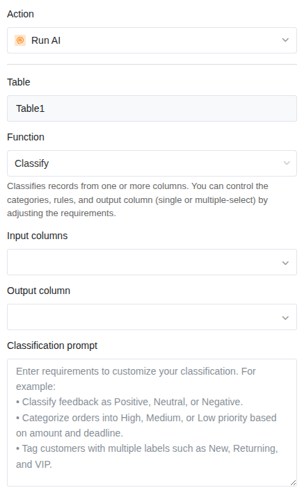 Aktionsmöglichkeiten für die Funktion Classify