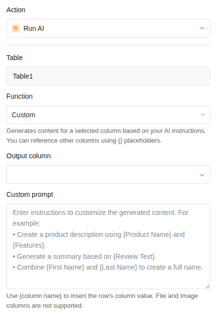 Aktionseinstellungen mit ausgewählter Funktion Custom