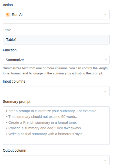 Aktionseinstellungen für die KI-Funktion Summarize