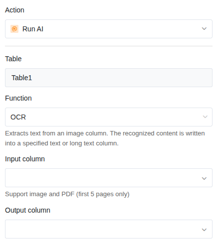 Aktionseinstellungen mit ausgewählter Funktion OCR