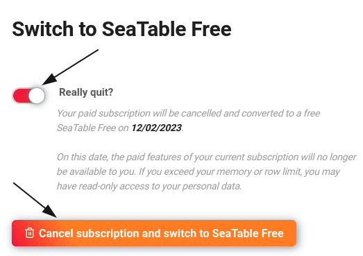 Confirme el cambio de su suscripción a SeaTable Free