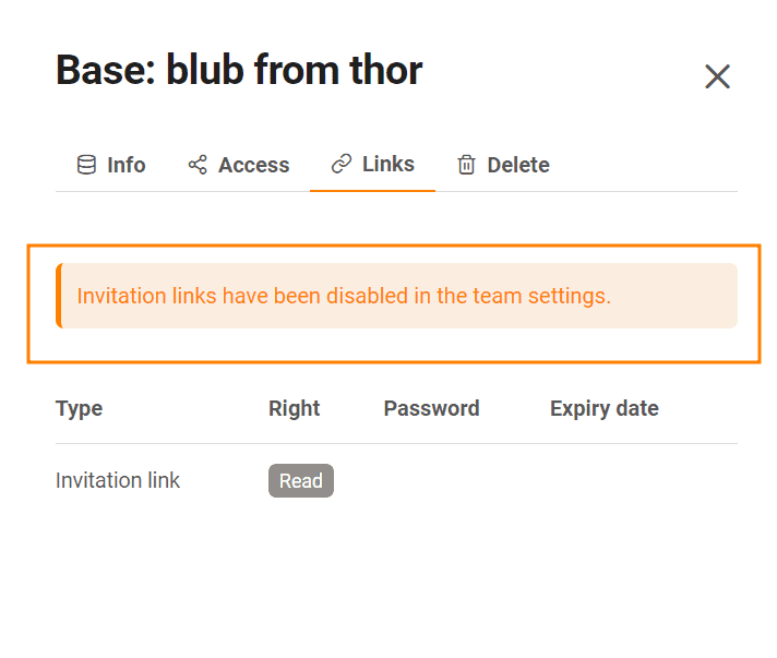 Message d’erreur Lien d’invitation dans l’administration d’équipe