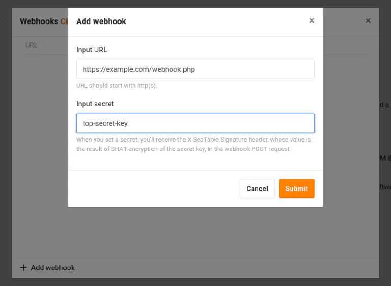 Formulario para crear un webhook en SeaTable