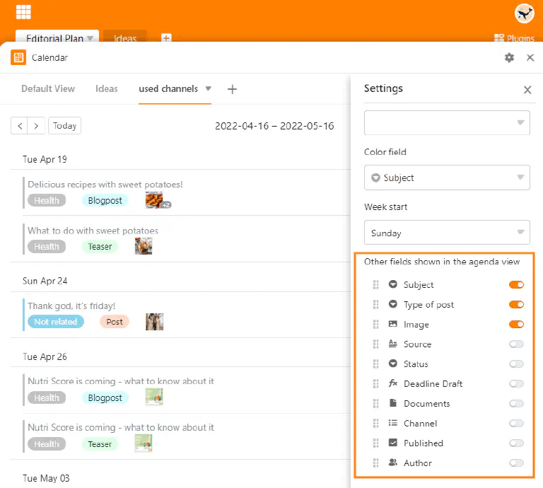 Configuración de la vista de la agenda