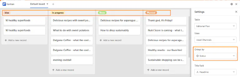 Columnas del plugin Kanban