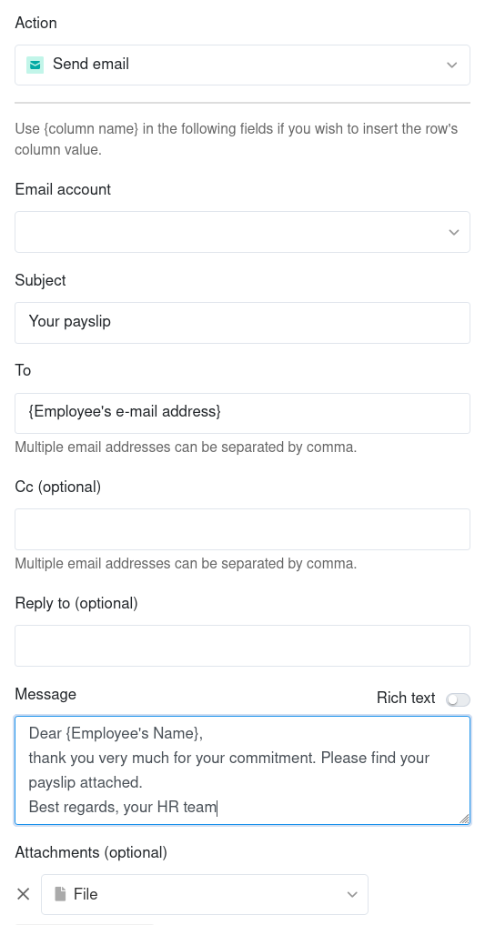 Definition der Automations-Aktion: E-Mail versenden