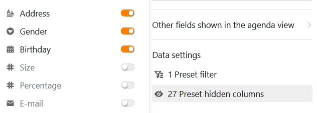 Скрытие столбцов на страницах календаря в приложениях