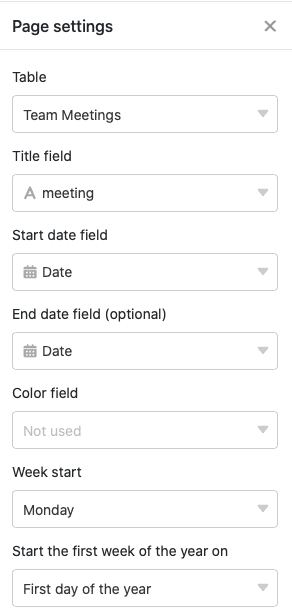 Параметры страницы типа: Календарь 