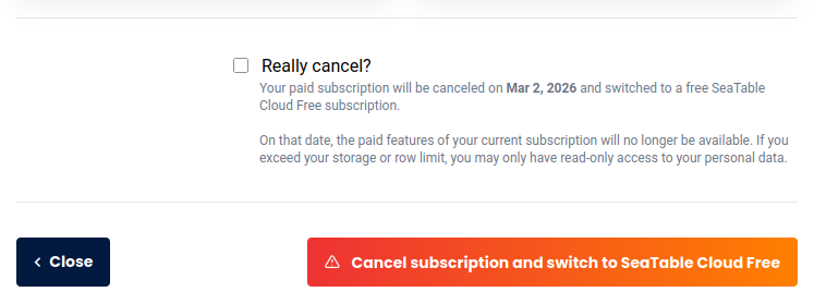 Kündigung des kostenlosen Abonnements und Rückkehr zu SeaTable Free