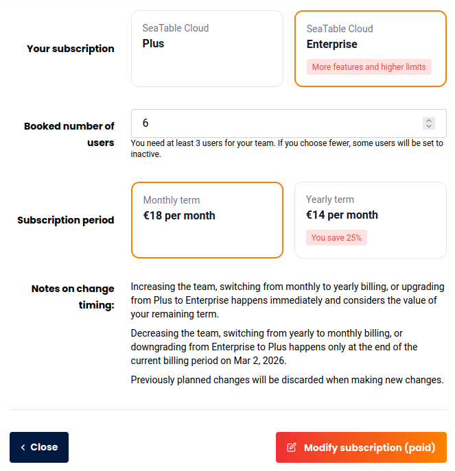 Änderungen am Abonnement können über die Teamverwaltung vorgenommen werden