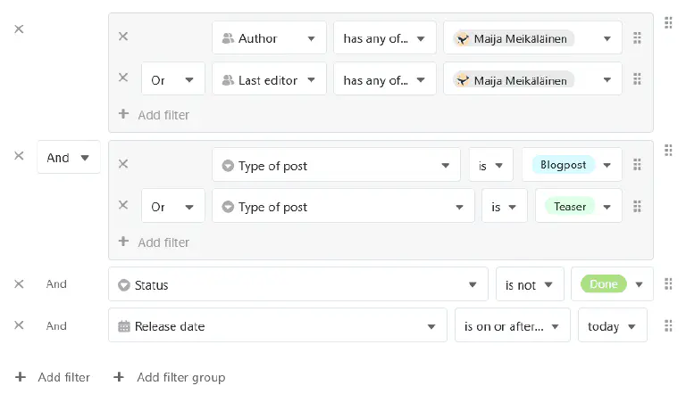 Complex filter rules with filter groups