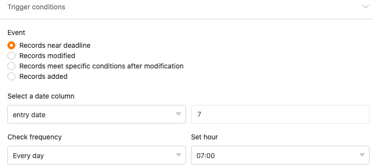 Trigger events of a notification rule available for selection