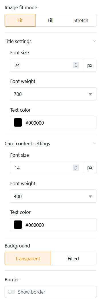 Настройки стиля для карточек на настраиваемых страницах