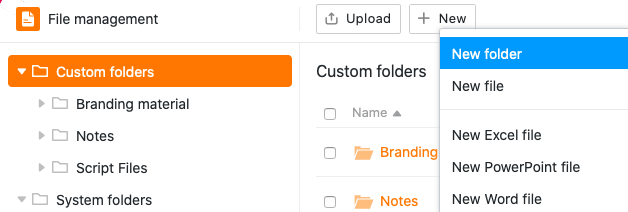 Crear una nueva carpeta en Gestión de archivos