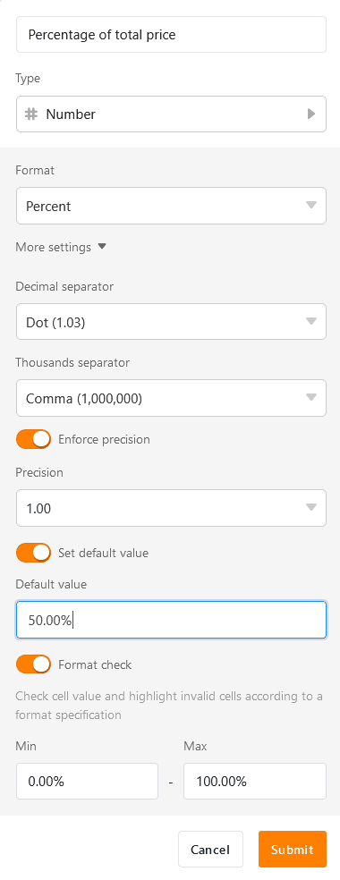 Configuración del formato de las columnas numéricas