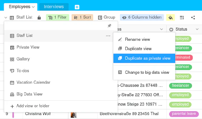 Duplizieren einer bestehenden Ansicht in eine private Ansicht
