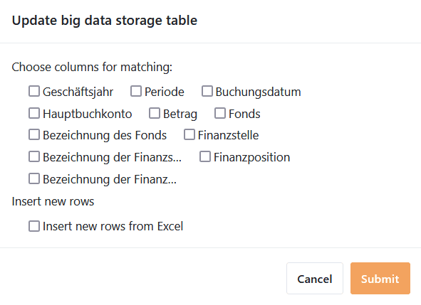 Seleccionar columnas para comparación para actualizar datos en almacenamiento de big data con archivo Excel