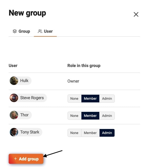 Añade miembros al grupo y guarda los cambios