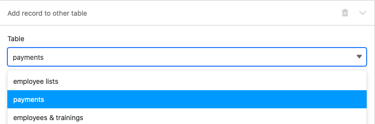 Auswahl der Tabelle, in welche der Eintrag bei Auslösung der Automation hinzugefügt wird