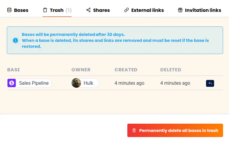 Vider la corbeille ou restaurer des bases individuelles