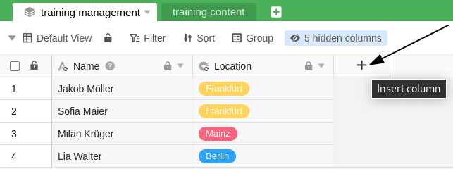Add columns to a table created with a common dataset