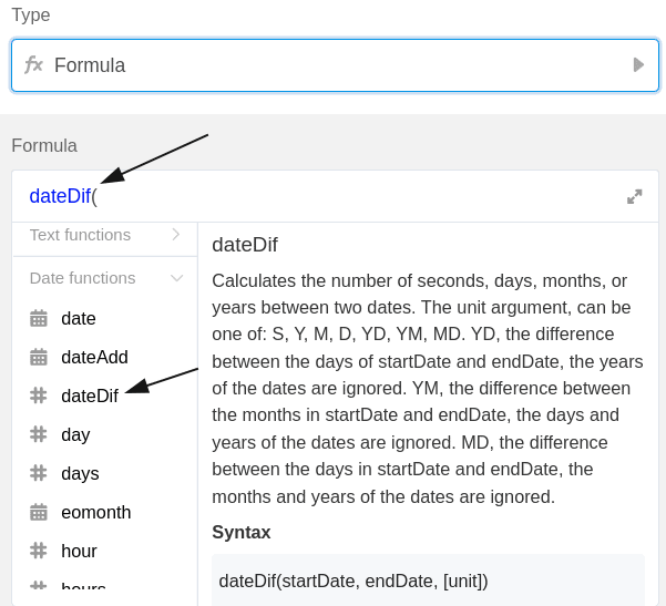 Añadir la función “diferencia de fecha” a la fórmula
