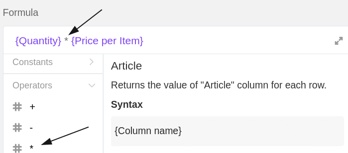 Añadir el signo de multiplicación entre los dos nombres de columna