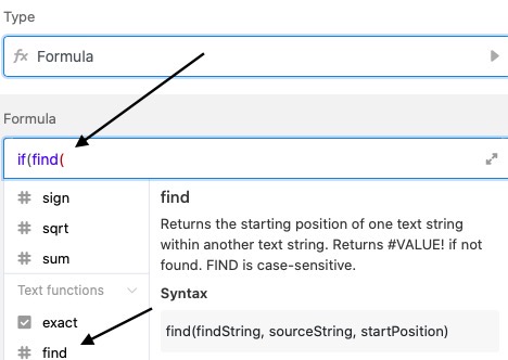 Добавление текстовой функции “найти” в формулу