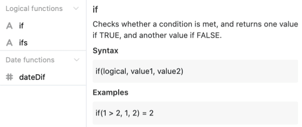 Information about an element in the formula wizard