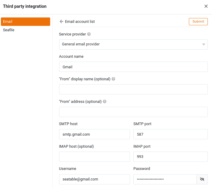 Configuración de Gmail con contraseña de la aplicación para enviar correos electrónicos desde una base SeaTable