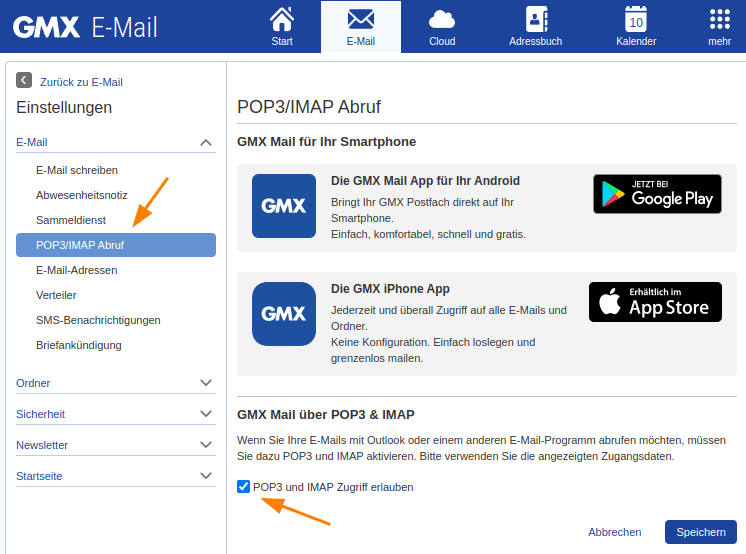 Разрешите SMTP для GMX и WEB.De.