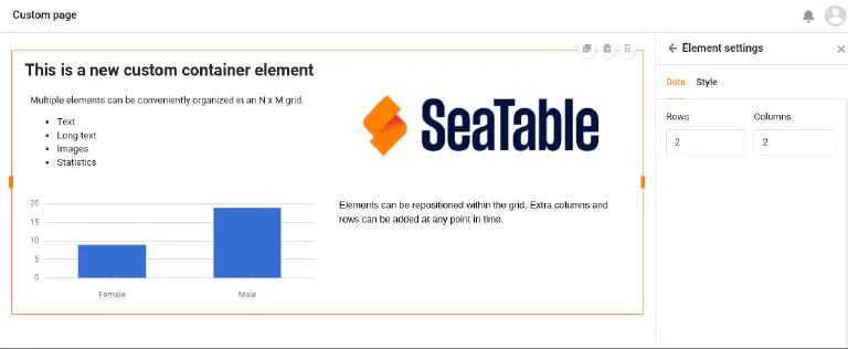 Elemento contenedor en página personalizada en SeaTable 4.3