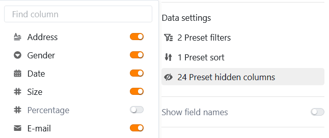 Скрытие колонок на страницах галереи в приложениях