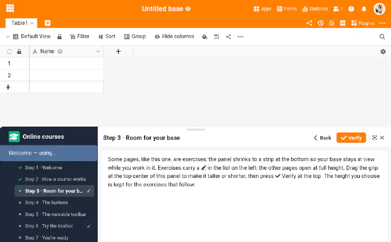 The online courses plugin open below a base, with the list of steps on the left and the current exercise and its Verify button on the right