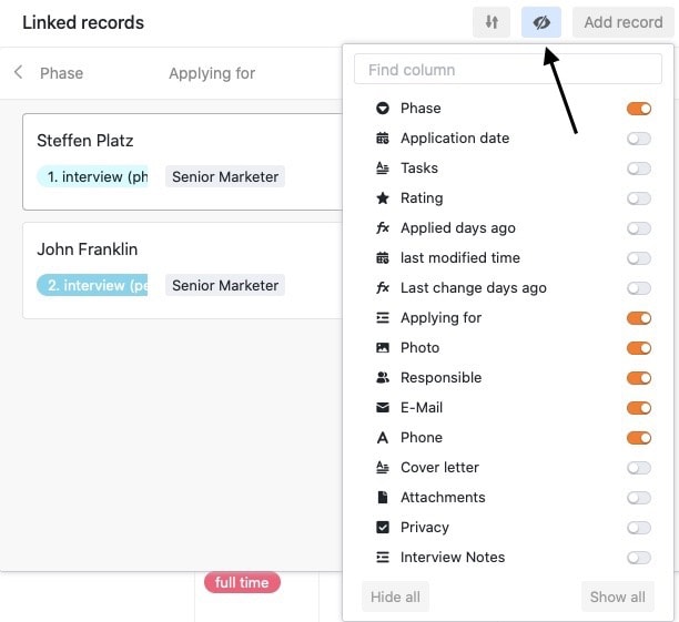 Hiding certain columns in the linked records view in the dialog box of a linked column
