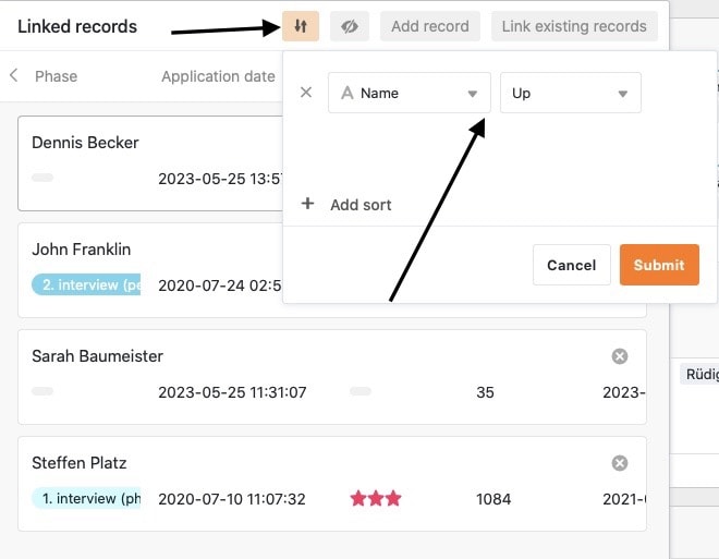 Sorting records in the link dialog of a link column
