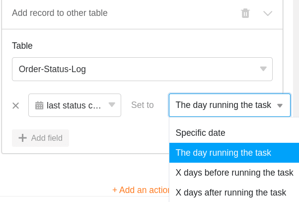 Definition of the values that are automatically added to the table when the automation is triggered